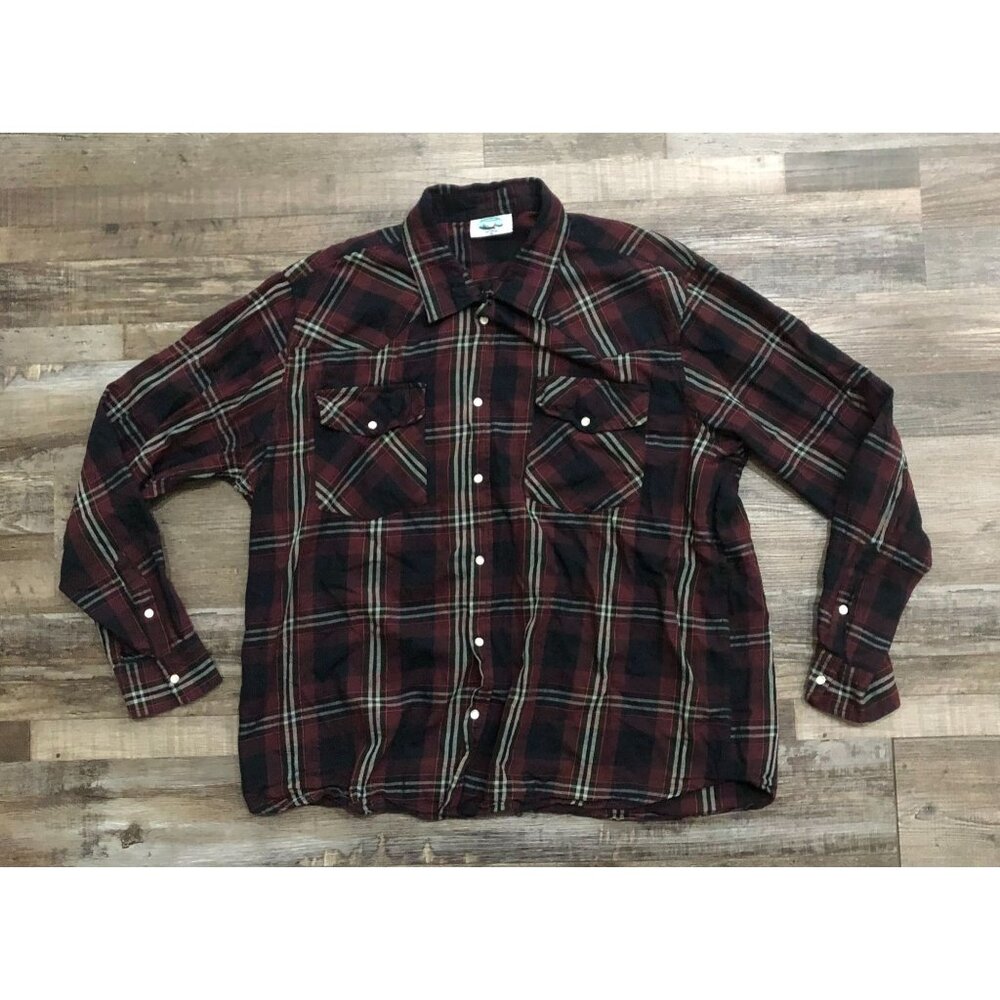 Woodland Creek Mens 2XL Maroon Plaid Pearl Snap Flannel Shirt